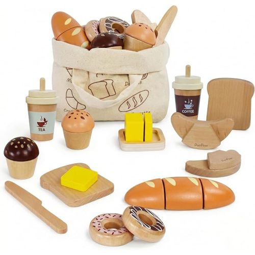 PairPear Wooden Bakery Play Food Set, Pretend Play Kitchen Accessories with Shopping Bag, Kids Cutting Food Gift for Boys and Girls Ages 3+