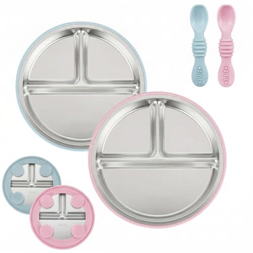 PandaEar 2 Pack Stainless Steel Baby Suction Plates & 2 Pack Spoons, Toddler Utensils Baby Feeding Set, Divided Plates for Baby Led Weaning Supplies, BPA-Free (Pink/Blue)