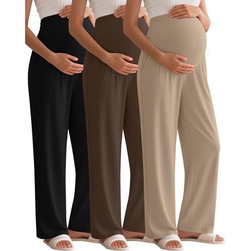 Sweetyweee 3 Pack Women's Maternity Pants Over The Belly Pregnancy Pants Stretchy Loose Wide Leg Lounge Pajama with Pockets