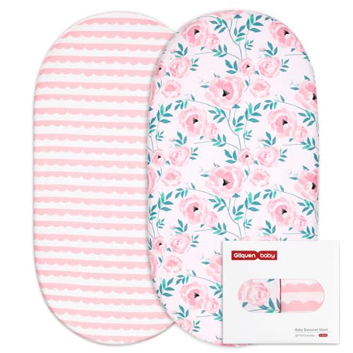 Gllquen Baby Bassinet Sheets Set 2-Pack, Breathable Cozy Bassinet Fitted Sheet Universal Fit Standard Mattress Oval Rectangle Cradle Baby Sheets for Baby Boy Girls Unisex 32"x16" (Pink Flower)