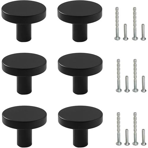 Cabinet Knobs Black Matte 6 Pack, Round Metal Kitchen Cabinet Pulls, Furniture Door Hardware Handles for Chest of Drawers Cupboard Dresser Wardrobe Closet, 25x20mm