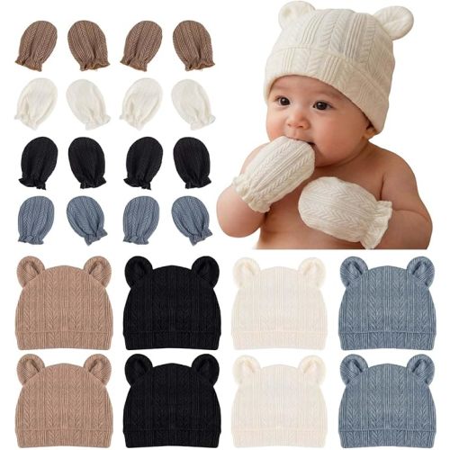 8 Sets Newborn Baby Hats & Mittens Cotton Preemie Infant Bow Beanies Caps Gloves Hospital New Born Boy Girl 0-3 Month
