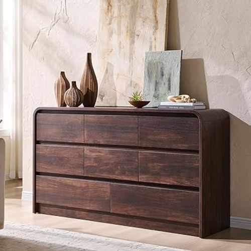 Modern 8 Drawers Dresser for Bedroom, 55" Wide Dressers & Chest of Drawers w/Curved Profile Design, Wood Mid Century Storage Dressers Organizer for Bedroom, Living Room, Brown