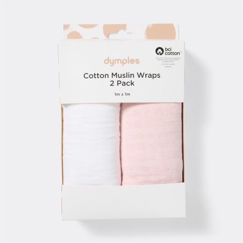 Dymples Cotton Plain Muslin Wrap 2 Pack - Pink