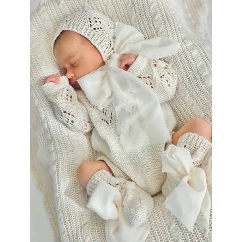 Set of 3 - Baby romper - Baby bonnet and socks - Romper with a bow - Baby girl set - Newborn set - Knitted baby set - Baby photo prop - Baby
