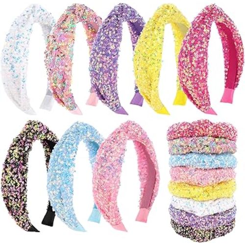 CIEHER Knotted Headbands for Women, 8 Pack Non Slip Glitter Sequins Headbands Top Knot Headband Hair Accessories, White Pink Hot Pink Yellow Blue Purple Black Multi-colored