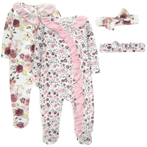 Baby Essentials Baby Girl Sleepers,4 Piece Outfit Set, Romper Footies and Headband – All Season Baby Clothes Gift Set