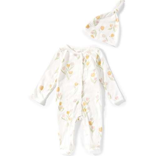 Burt's Bees Baby Girls Organic Cotton Tulip Fields Footed Jumpsuit & Cap Set