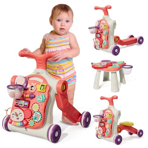 HYES Upgraded 5 in 1 Baby Walker and Activity Center for Baby Girl, Learning to Walk, Sit to Stand, Early Learning Push Toys for Infant 12 Months, Walking Toys Gift for Toddler Girls, Red