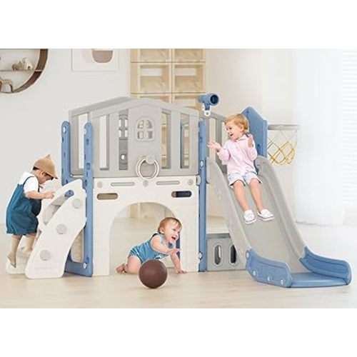 XJD 8 in 1 Toddler Slide, Kids Slide for Toddlers Age 1-3, Toddler Play Climber Playset with Basketball Hoop and Ball,Toddlers Outdoor Indoor Playground (Blue Glay)