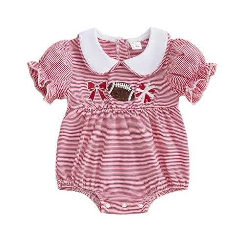 Newborn Baby Girl Clothes Football Embroidery Striped Puff Short Sleeve Jumpsuit Rugby Smocked Bubble Outfit