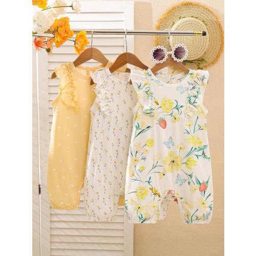 SHEIN Playful Pals 3pcs Baby Girls' Cute Floral Cap Sleeve Romper Set, Summer Casual Comfortable Simple Adorable Jumpsuit Playsuit, Versatile Outfit For Outing Or Indoor Wear | SHEIN USA