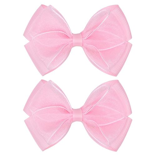 Tiny 3 Inch Organza Double Hair Bow Clips - Lined Boutique Alligator Hairpin for Baby Girls, Toddlers, and Little Teens - Kids Barrettes Set of 2 Small Stylish (Light Pink)