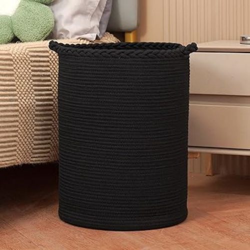 58L Woven Laundry Basket,Cotton Tall Laundry Hamper for Blankets,Clothes,Pillows,Toys,Shoes Large Laundry Bin Black