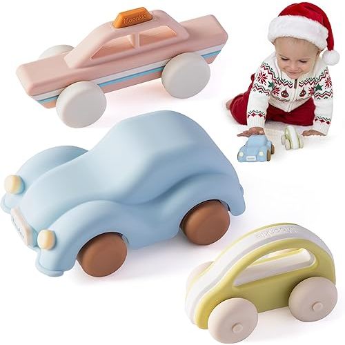 Moonkie Food Grade Silicone Toy Cars for Toddlers 1-3, Push and Go Baby Car Toys 6-12 Months+, One-Piece Design Infant Toys, Birthday Gifts for 1 Year Old Boy Girl, Easy to Clean & Grasp, 3 Pack