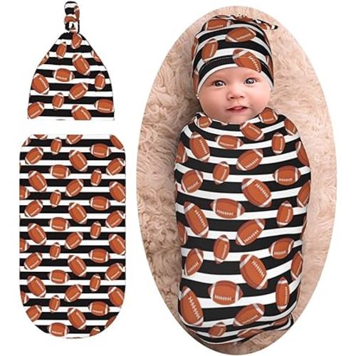 Football ball Newborn Swaddle Blanket Baby Stuff baby Swaddling Blanket with Beanie Set Soft Sleeping Sack for Unisex Girls Boys