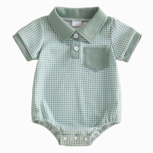 Baby Onesies Boy Newborn Baby Boy Summer Clothes Short Sleeve Lapel Button Romper Up Loose Fit Plaid Jumpsuit Onesie Boy Outfit