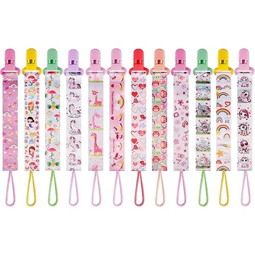 12 Pack Pacifier Clips with Adjustable Strap (32-46.5cm)/Short Strap(25.5cm) - Premium Polyester Baby Pacifier Holder Set, Multi-Design Clips for Boys Girls (Multicolor G 25/26cm)