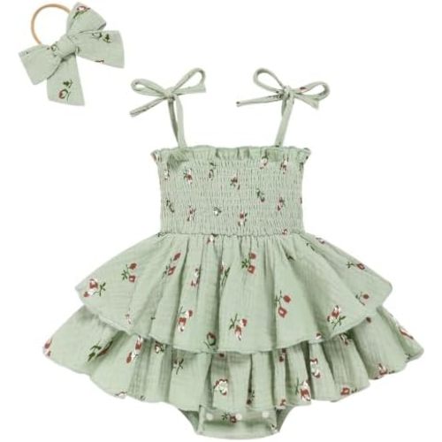 TITKKOP Baby Girl Summer Outfits Infant Double Romper - Sleeveless Bodysuit & Cake Smash Outfit