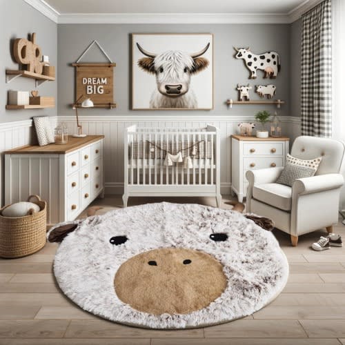 Highland Cow Nursery Rug - Soft Plush Farm Animal Playmat, Baby Room Decor, Cozy Farmhouse Baby Shower Gift, Unique Kids Mat