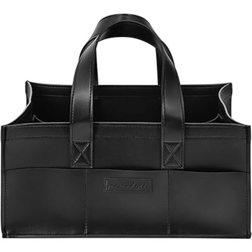 Premium Vegan Leather Baby Diaper Caddy Organizer – Portable Storage Basket for Newborn Essentials, Changing Table, Nursery, Car & Travel, Gifts for Baby Shower (Liquorice Black)