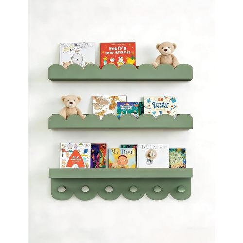 Nursery Book Shelves with Hooks, Scalloped Shelves for Bedroom Set of 3, Kids Bookshelf for Wall, 16Inches, Sage