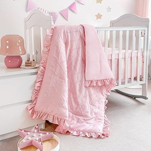 Wowelife Baby Girl Crib Bedding Set, Boho 3-Piece Crib Comforter Set for Girls, Ruffle Baby Nursery Bedding Set Include Quilted Comforter, Crib Skirt and Sheet, Pink