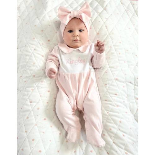 Baby Girl Coming Home Outfit, Embroidered Footie with Bow, Monogrammed Footie, Personalized Pink Sleeper for Newborn, Cute Baby Shower Gift