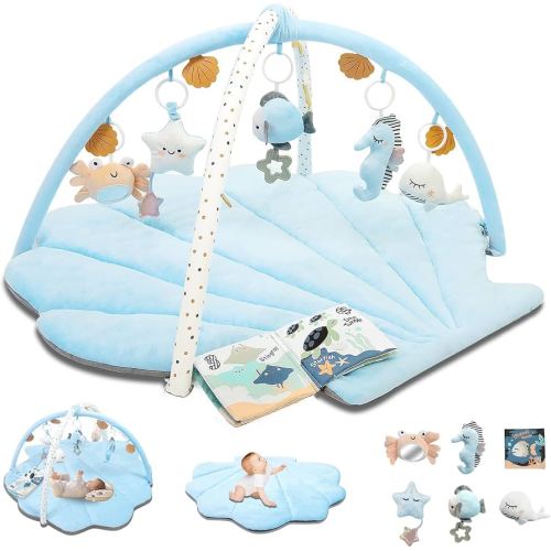Baby Play Gym Mat, Oversize Tummy Time Activity Mat for Babies 0-6 Months, Shells Baby Play Mat with 6 Detachable Toys, Baby Essentials Mat for Floor Sensory Exploration Motor Skill Development (Blue)