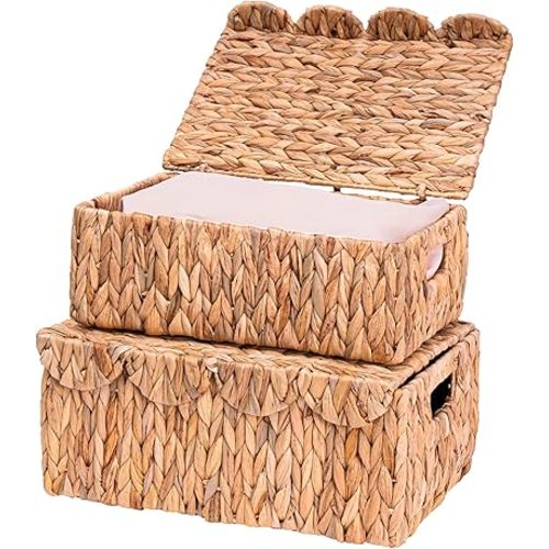 Set of 2 Scalloped Edge Wicker Basket with Lids, Rectangle Wicker Storage Basket with Built-in Handles, Multipurpose Organizer Rattan Display Boxes for Shelf, Nursery Room