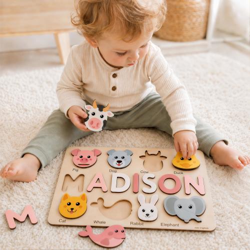 Custom Name Puzzle with Animals, Personalized Baby Gift, First Birthday Gift, Christmas Present, 0-3 Years Personalized Toy