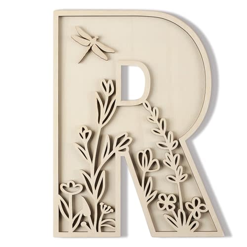 Layered 12 Inch Large Wooden Letters for Wall Decor, Flowered Paintable Wooden Nursery Letters for Crafts Wood Alphabet Letter R for Birthday Boho Nursery Name Sign Wedding Home Decoration