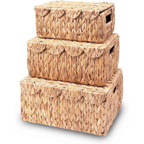 RONOVIA Set of 3 Scalloped Edge Wicker Basket with Lid, Rectangle Wicker Storage Basket with Built-in Handles, Multipurpose Organizer Rattan Display Boxes for Shelf, Nursery Room