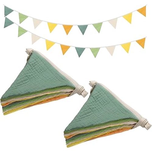2PCS Pennant Banner Flags, Fabric Bunting Banner Nursery Garland Decor, Baby Shower Garland, Triangle Flags for Baby Boy Room, Playroom, Boho Birthday Party Decor, Each 7.75 ft (Green Yellow)