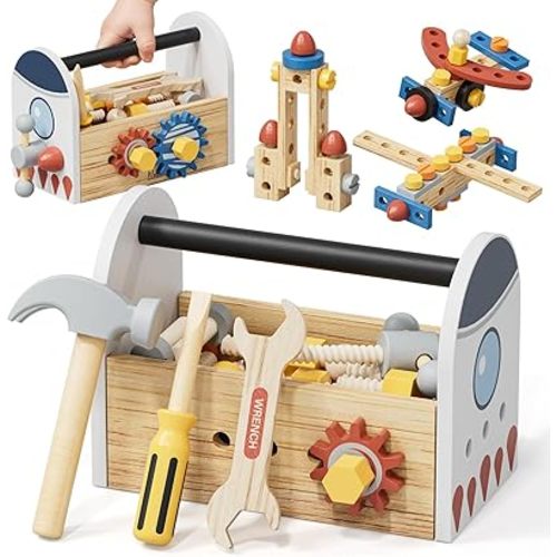 Wooden Kids Tool Set, Space Themed Montessori Toy, 47Pcs Construction Toolbox for Toddlers 3-5 Years Old