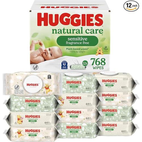 Huggies Natural Care Sensitive Baby Wipes, Unscented, Hypoallergenic, 99% Purified Water, 12 Flip-Top Packs (768 Wipes Total), Packaging May Vary