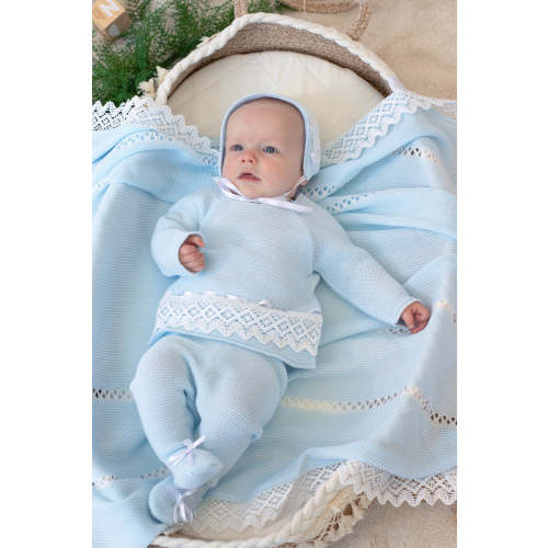 Baby Knitted Set in Light Blue With Lace Details In White