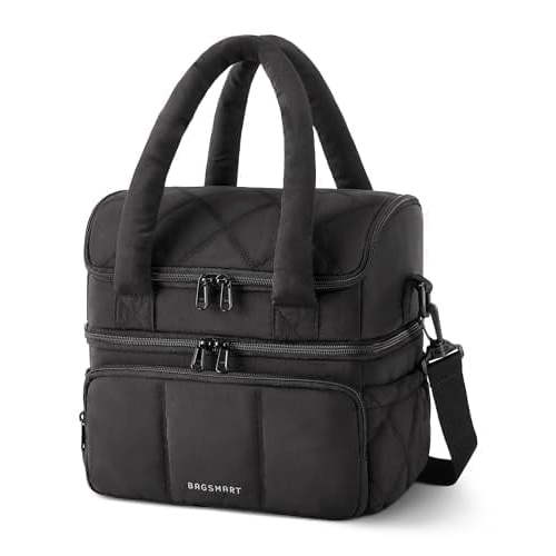 BAGSMART Lunch Bag Women, Double Deck Insulated Lunch Box, Quilted Puffer Lunch Tote, Leakproof, Durable & Reusable Large Lunch Cooler For Work Picnic Travel Meal Prep, Black