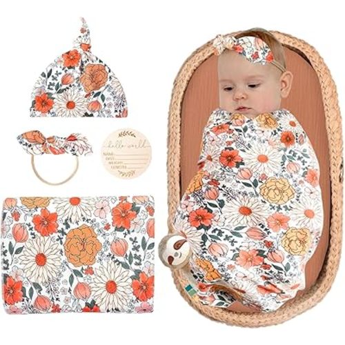 Floral Baby Girl Newborn Swaddle Blanket, Receiving Blankets with Headband and Beanie Set for Baby Nursery Swaddle Wrap (61-06)