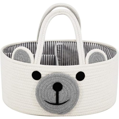 Home & Tots Baby Diaper Caddy Organizer, Cotton Rope Nursery Storage Basket for Diapers, Wipes & More, Gift for Baby Shower, Portable Organizer for Changing Table, Bear Design (Large Size - White)
