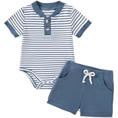 Baby Boy Clothes Short Sleeve Striped Romper Solid Short Set Ribbed Knitted Summer Outfit