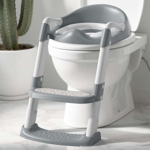 COOSEYA Potty Training Toilet with Step Stool for Toddlers,Baby Seat with Splash Guard and Anti-Slip Pad (Grey)