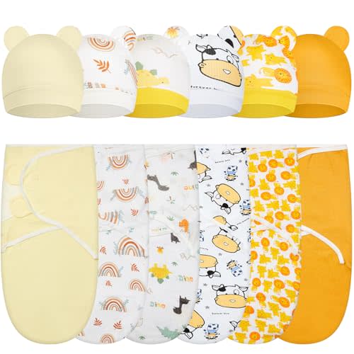 Ramede 6 Pack Swaddle Blanket with Hats for Baby Girl Boy 100% Cotton Swaddles 0-3 Months, Adjustable Breathable Skin Friendly Receiving Blanket Wrap, Essential for Newborns(Rainbow,Yellow)