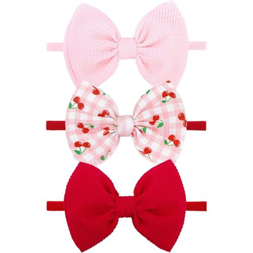 3 Pcs Baby Girl Headbands 4.5’’ Pink Bows Cherry Hair Accessories Summer Outfits for Newborn Infant Toddler Girls Clothes