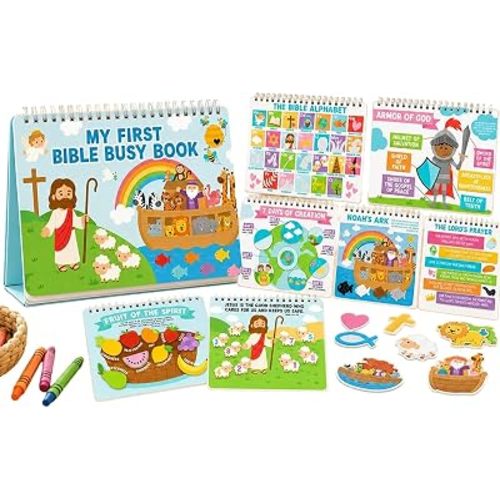 My First Bible Busy Book for Early Learning, Christian Faith Activity Book with Hook and Loop Matching Games, Bible Alphabet, Armor of Faith, Creation Story, Interactive Educational Quiet Story