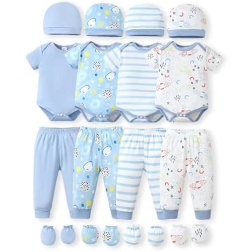 NZRVAWS Newborn Baby Boy Girl Clothes Unisex Infant Romper Pants Set Hat 4-Pack Outfits 0-12 Months 16 Pieces Toddler