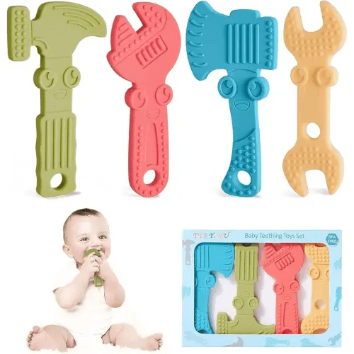 TYRY.HU Baby Teething Toys for Babies 0-6 Months 6-12 Months, BPA Free Silicone Baby Molar Teether Chew Toys, Hammer Wrench Spanner Pliers for Boys Girls, Soft-Textured, Easy to Hold & Clean, 4 Packs