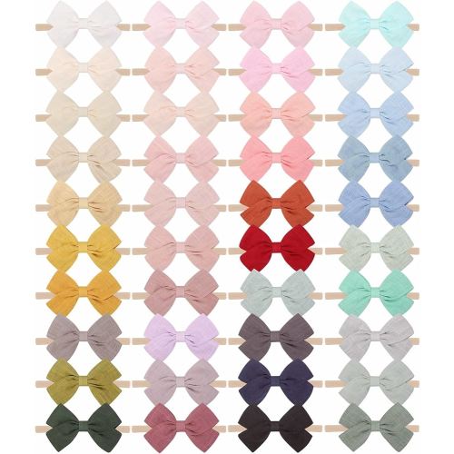 jollybows 40pcs Baby Girls Nylon Hair Bows Headbands Linen Hair Bands Elastic Hair Accessories for Kids Infants Newborn (4-40 PCS Solid Linen)