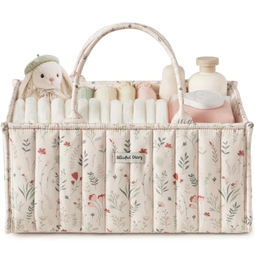Blissful Diary Diaper Caddy Organizer, Baby Basket, Wildflower Floral | Portable Storage Basket with Removable Dividers, Gift for Baby Shower, Newborn Boy & Girl Essentials, Baby Registry Must Have