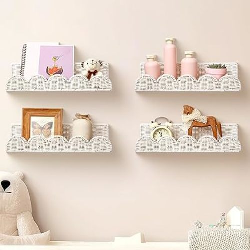 Pinkunn 4 Pcs White Nursery Book Shelves Rattan Scalloped Floating Bookshelves Wicker Boho Book Shelf for Wall Mounted Decor Nursery Rooms Hanging